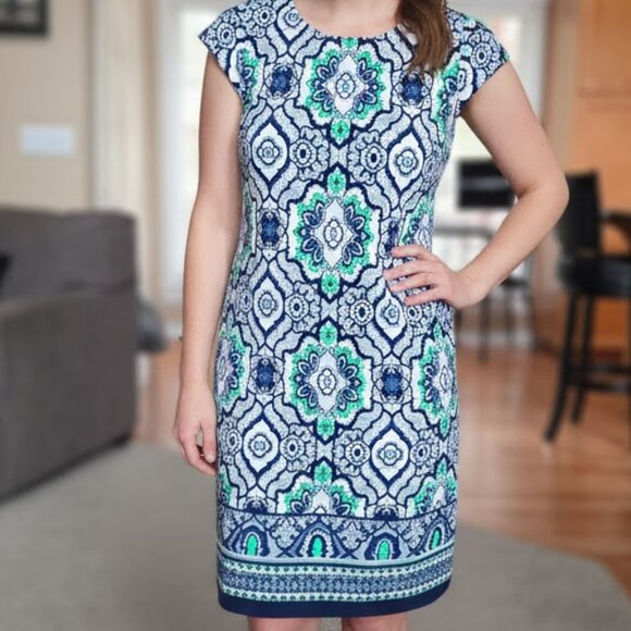 Liz Claiborne Dresses & Skirts - NWT Liz Claiborne sz Large cap sleeve patterned dress blue / white / mint green
